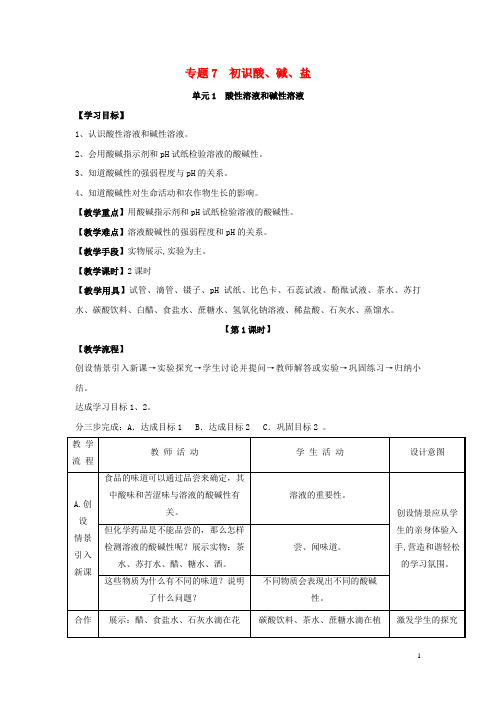 密山市X中学九年级化学下册专题七初识酸碱和盐单元1酸性溶液和碱性溶液第1课时教案新版湘教版4