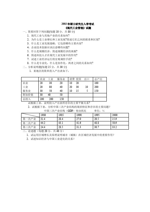 武汉理工大学考研真题现代工业管理2003