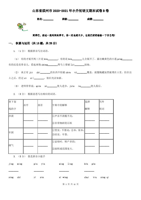 山东省滨州市2020-2021年小升初语文期末试卷B卷