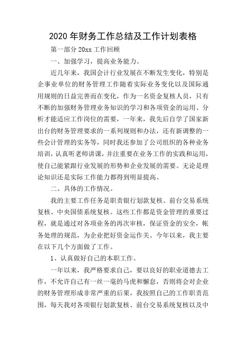 2020年财务工作总结及工作计划表格