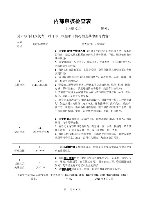 内部审核检查表-项目部