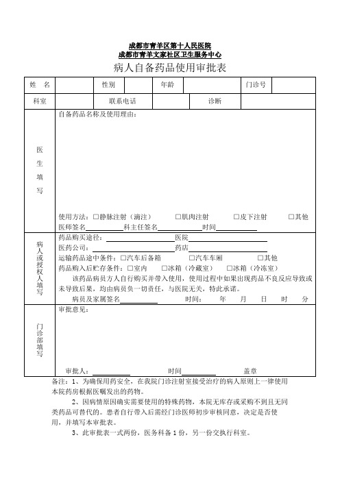 病人自备药品使用审批表