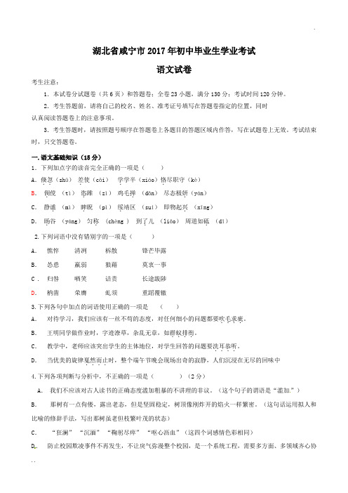 2017年咸宁市中考语文试卷及答案