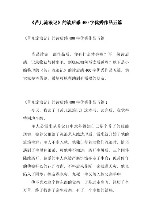 《苦儿流浪记》的读后感400字优秀作品五篇