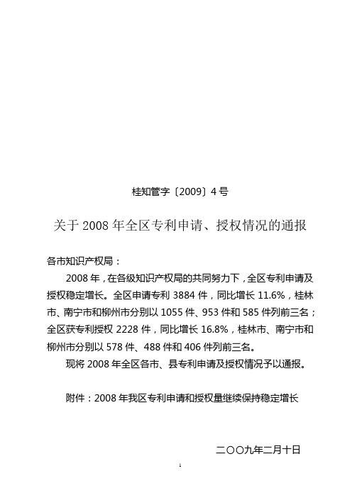 关于2008年全区专利申请,授权情况的通报