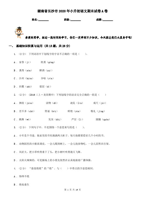 湖南省长沙市2020年小升初语文期末试卷A卷