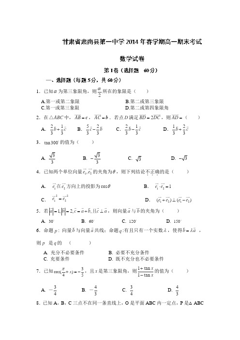 甘肃省张掖市肃南县第一中学2013-2014学年高一下学期期末考试数学试题Word版含答案