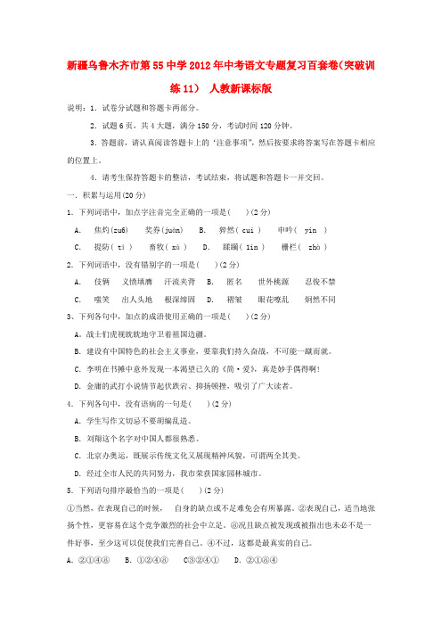 新疆乌鲁木齐市第55中学中考语文专题复习百套卷(突破训练11) 人教新课标版