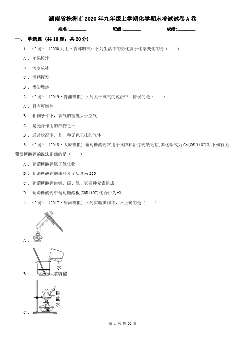 湖南省株洲市2020年九年级上学期化学期末考试试卷A卷