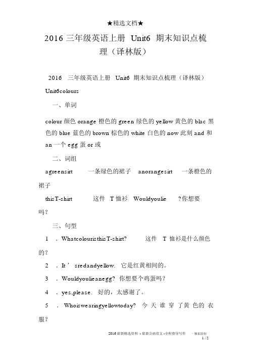 2016三年级英语上册Unit6期末知识点梳理(译林版)