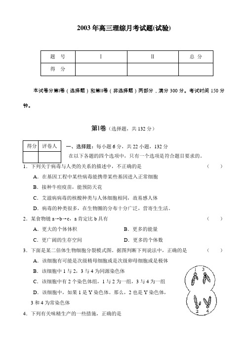 2003年高三理综月考试题