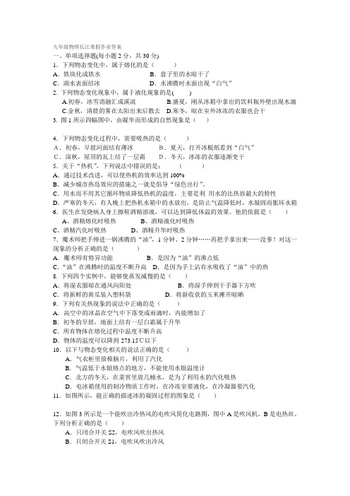 九年级物理长江寒假作业答案