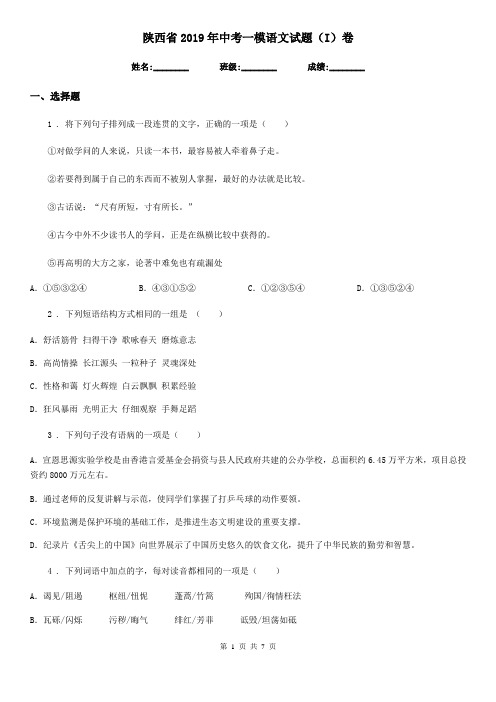 陕西省2019年中考一模语文试题(I)卷