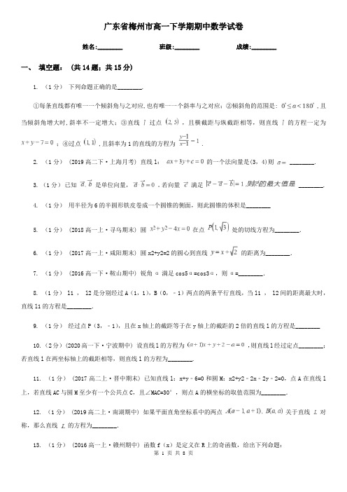 广东省梅州市高一下学期期中数学试卷