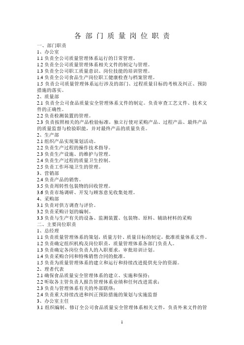 各 部 门 质 量 岗 位 职 责