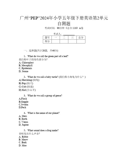 广州“PEP”2024年小学五年级下册I卷英语第2单元自测题