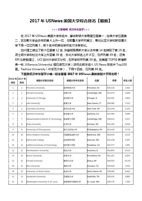 2017年USNews美国大学综合排名【最新】