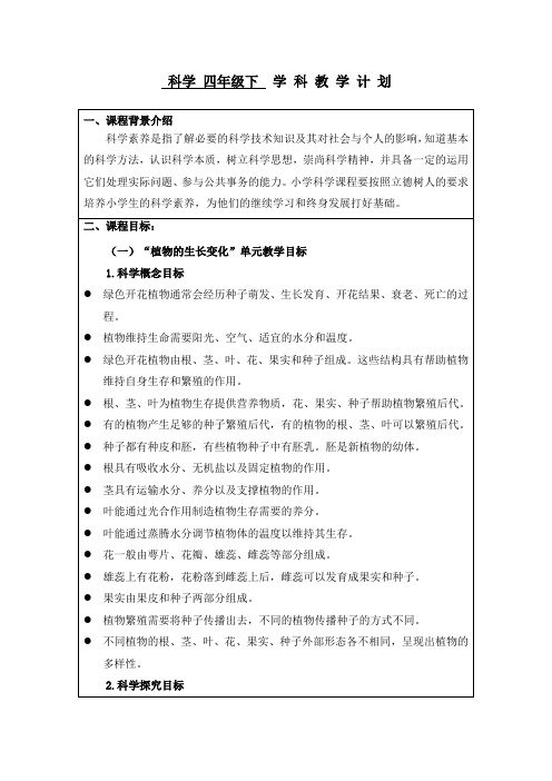 2020-2021新教科版四年级科学下册教学计划