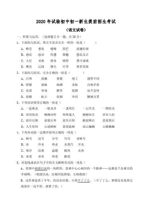 民办中学小升初提前招生考试语文数学整套试卷及答案