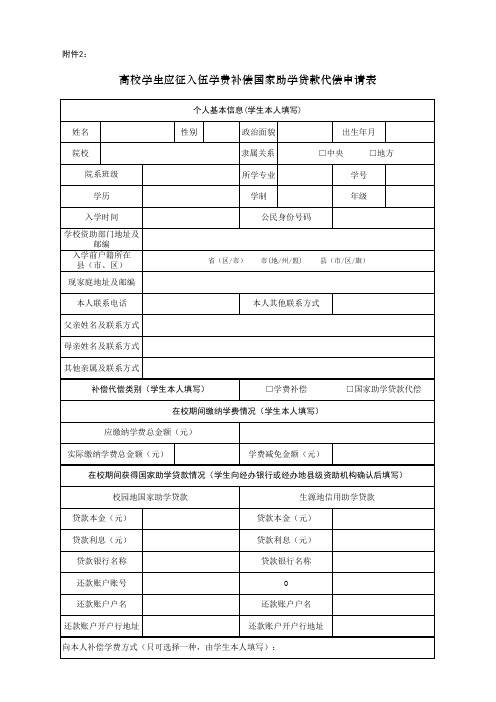 高校学生应征入伍学费补偿国家助学贷款代偿申请表