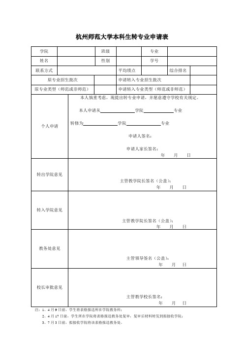 附表3：杭州师范大学本科学生转专业申请表