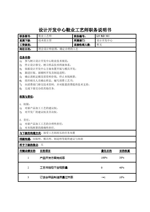 设计开发中心鞋业工艺师职务说明书
