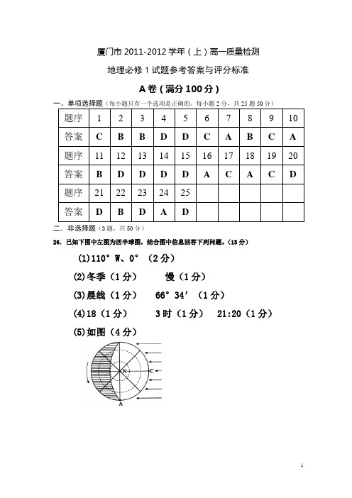 参考答案与评分标准：厦门市2011~12学年(上)高一地理期末质检试卷