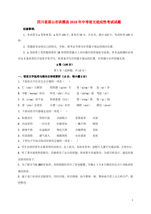 四川省眉山市洪雅县2018年中考语文适应性考试试题