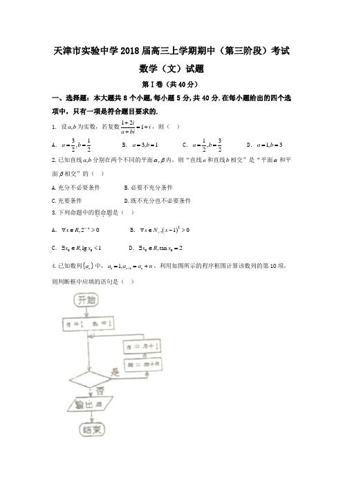 天津市实验中学2018届高三上学期期中第三阶段考试数学文试题 含答案 精品
