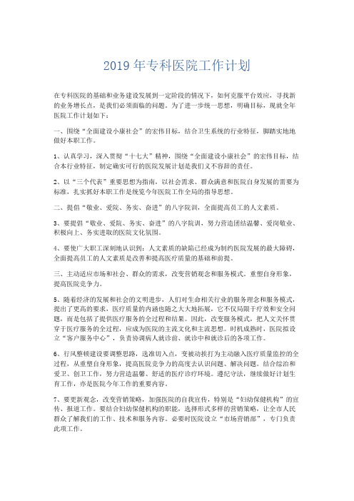 工作计划-2019年专科医院工作计划 精品