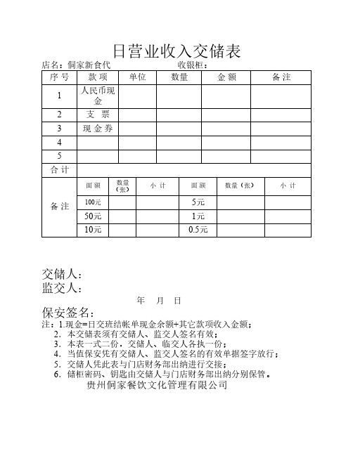 日营业收入交储表