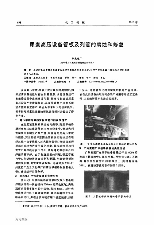 尿素高压设备管板及列管的腐蚀和修复