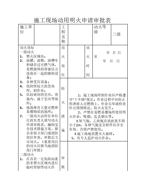 施工现场三级动火申请审批表