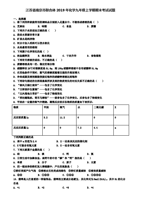 江苏省南京市联合体2019年化学九年级上学期期末考试试题