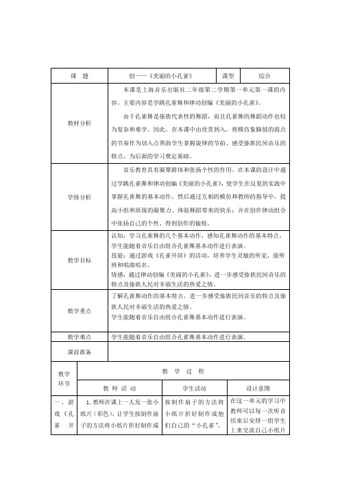 沪音版音乐唱游二年级下册《创——美丽的小孔雀》表格式教案附教学反思