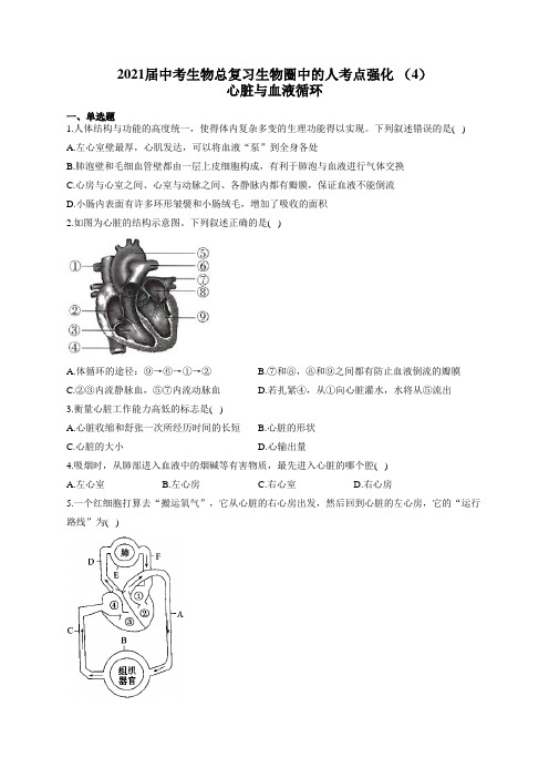 2021届中考生物总复习生物圈中的人考点强化 (4)心脏与血液循环