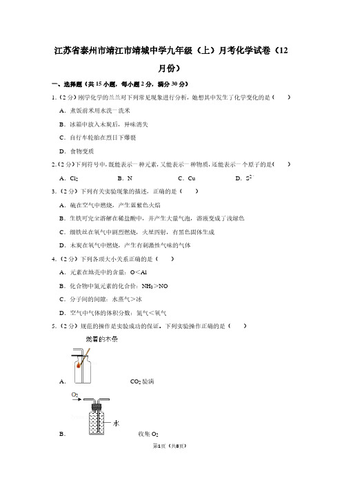 江苏省泰州市靖江市靖城中学九年级(上)月考化学试卷(12月份)