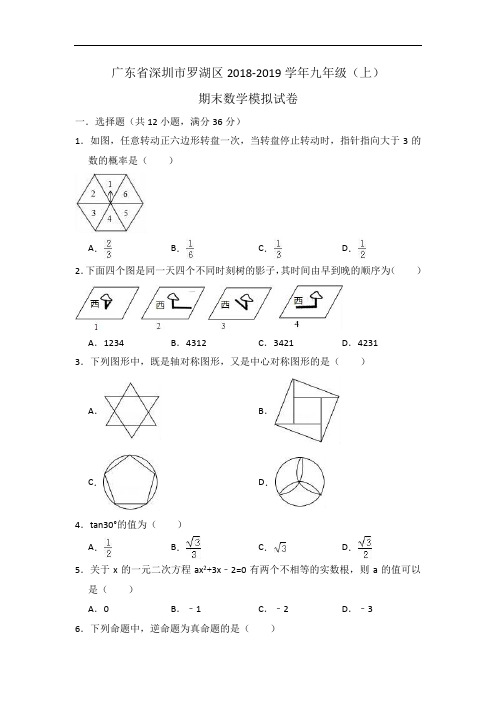广东省深圳市罗湖区2018-2019学年九年级上期末数学模拟试卷(含答案)