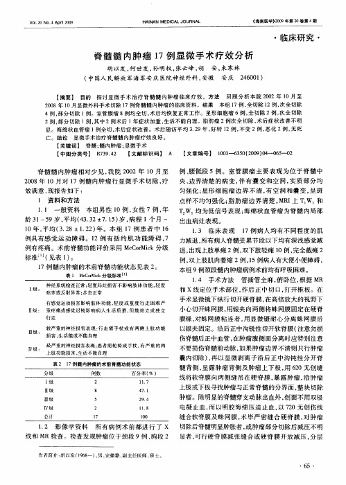 脊髓髓内肿瘤17例显微手术疗效分析
