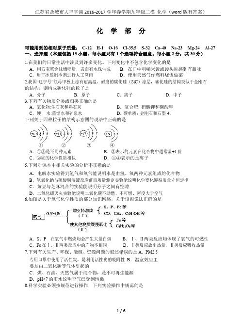 江苏省盐城市大丰亭湖2016-2017学年春学期九年级二模  化学(word版有答案)