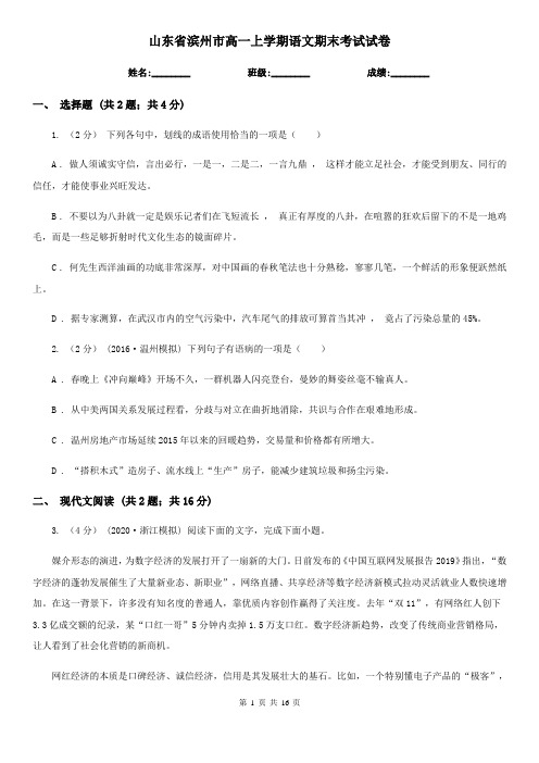 山东省滨州市高一上学期语文期末考试试卷