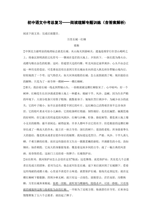 初中语文中考总复习阅读理解专题训练《万里长城一红柳》(含答案解析)