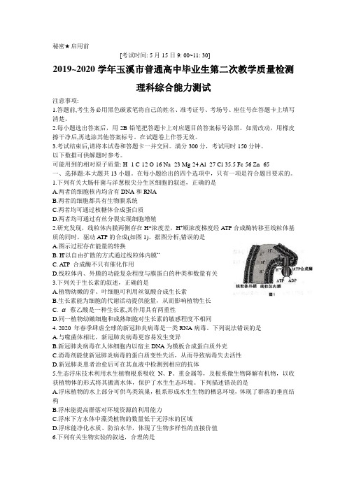 云南省玉溪市2020届高三教学质量检测理科综合试题 