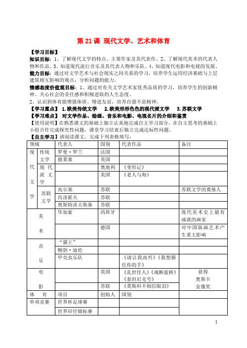 九年级历史下册 第21课 现代文学、艺术和体育学案(无答案) 岳麓版