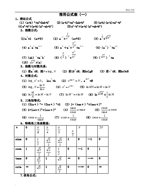 高等数学一常用公式表