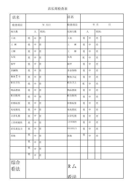 店长考核性工作检查表格