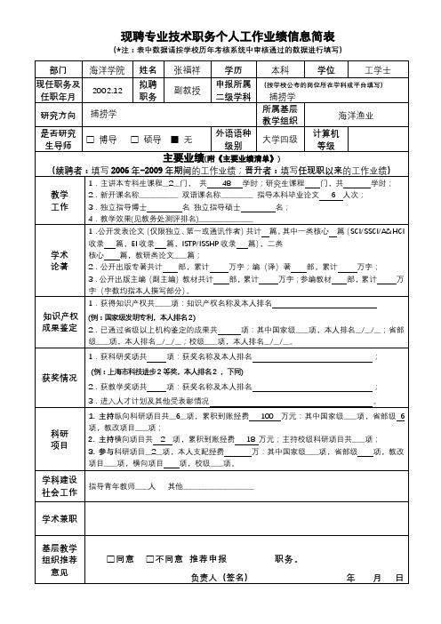 现聘专业技术职务个人工作业绩信息简表【模板】