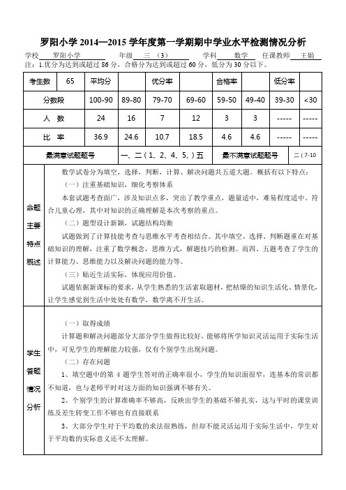 201411期中考试试卷分析样表
