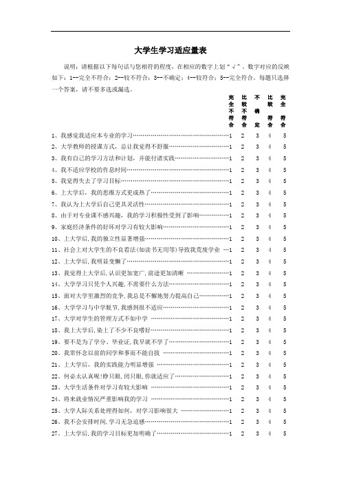 大学生学习适应量表及计分方法