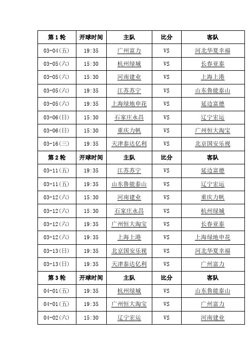 2016赛季中超联赛赛程表